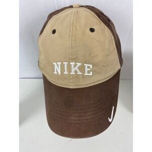 Nike Vintage Two Tone Baseball Cap Tan Brown Embroidered Swoosh Adjustable Strap